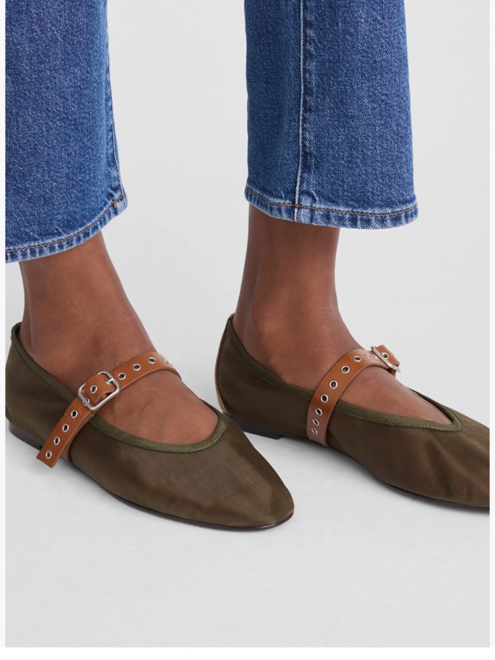Madewell Olive Green Mary Jane Mesh Flats with Tan Leather Buckle Strap